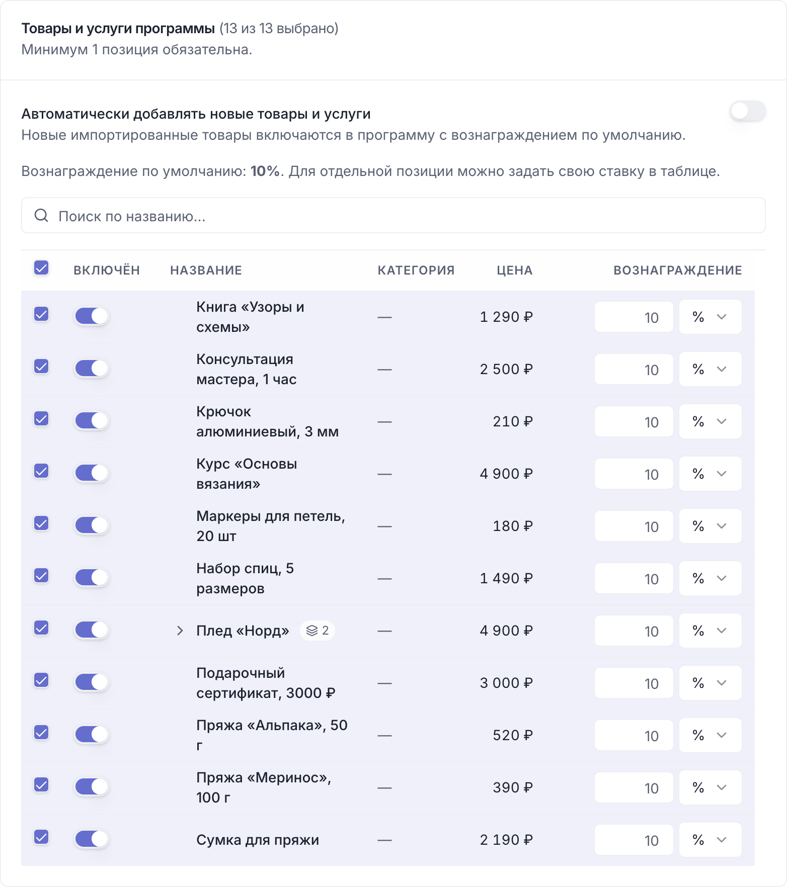 Выбор товаров и услуг программы с вознаграждением по умолчанию
